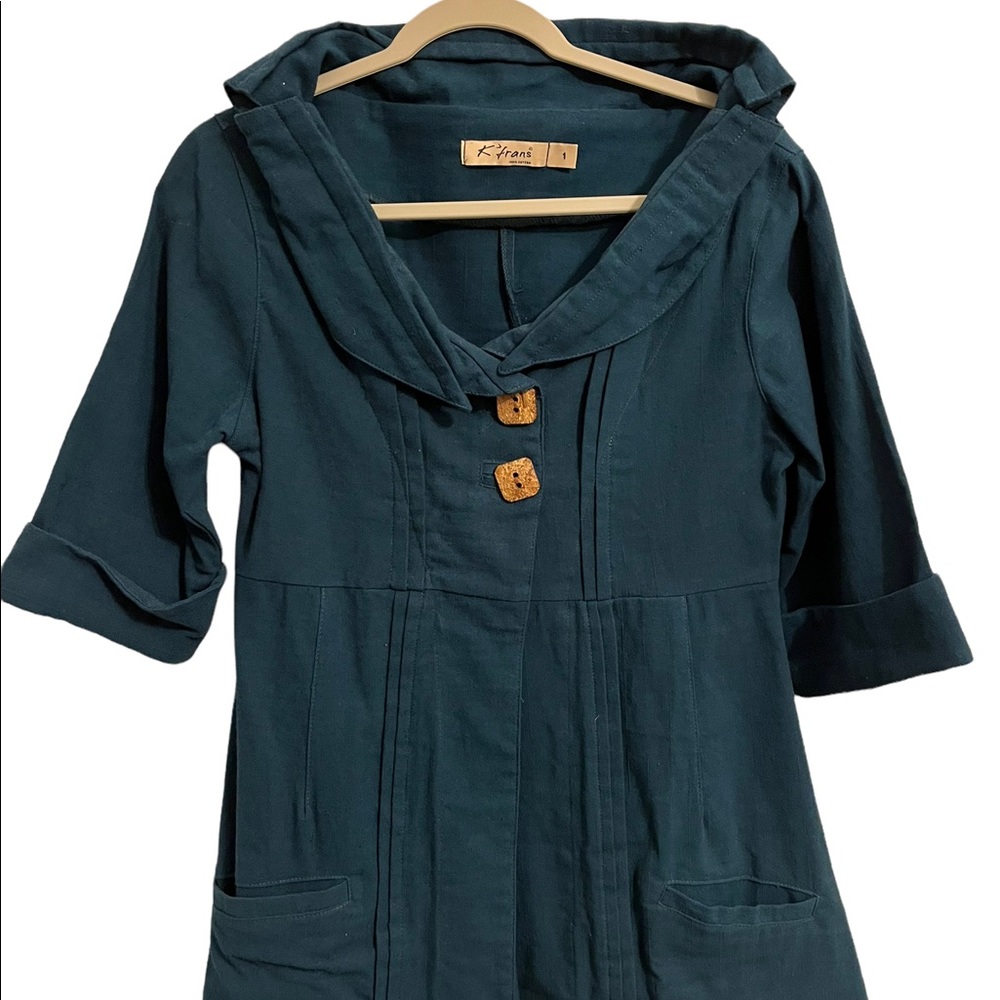 K Frans Dark Teal Lagenlook Wood Button Trapeze Blazer Jacket 1/S